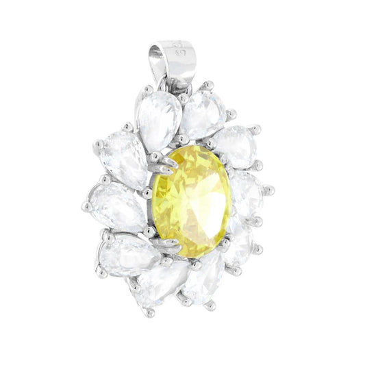 Ciondolo Ovale Topazio Giallo contornato da gocce Cubic Zirconia Bianchi - ARGENTO 925