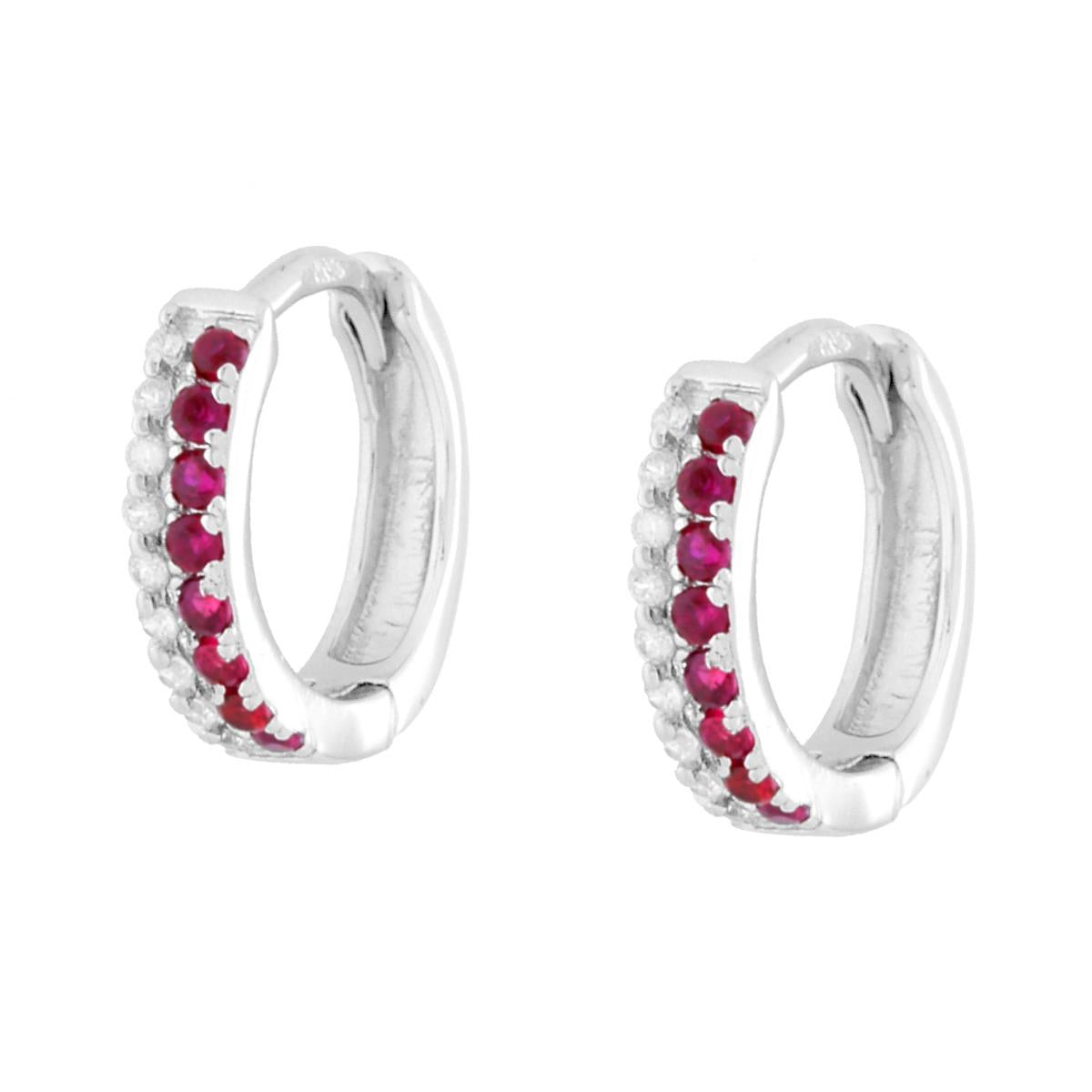 Orecchini cerchio 13mm ziroconi fucsia e zirconi bianchi  - argento 925