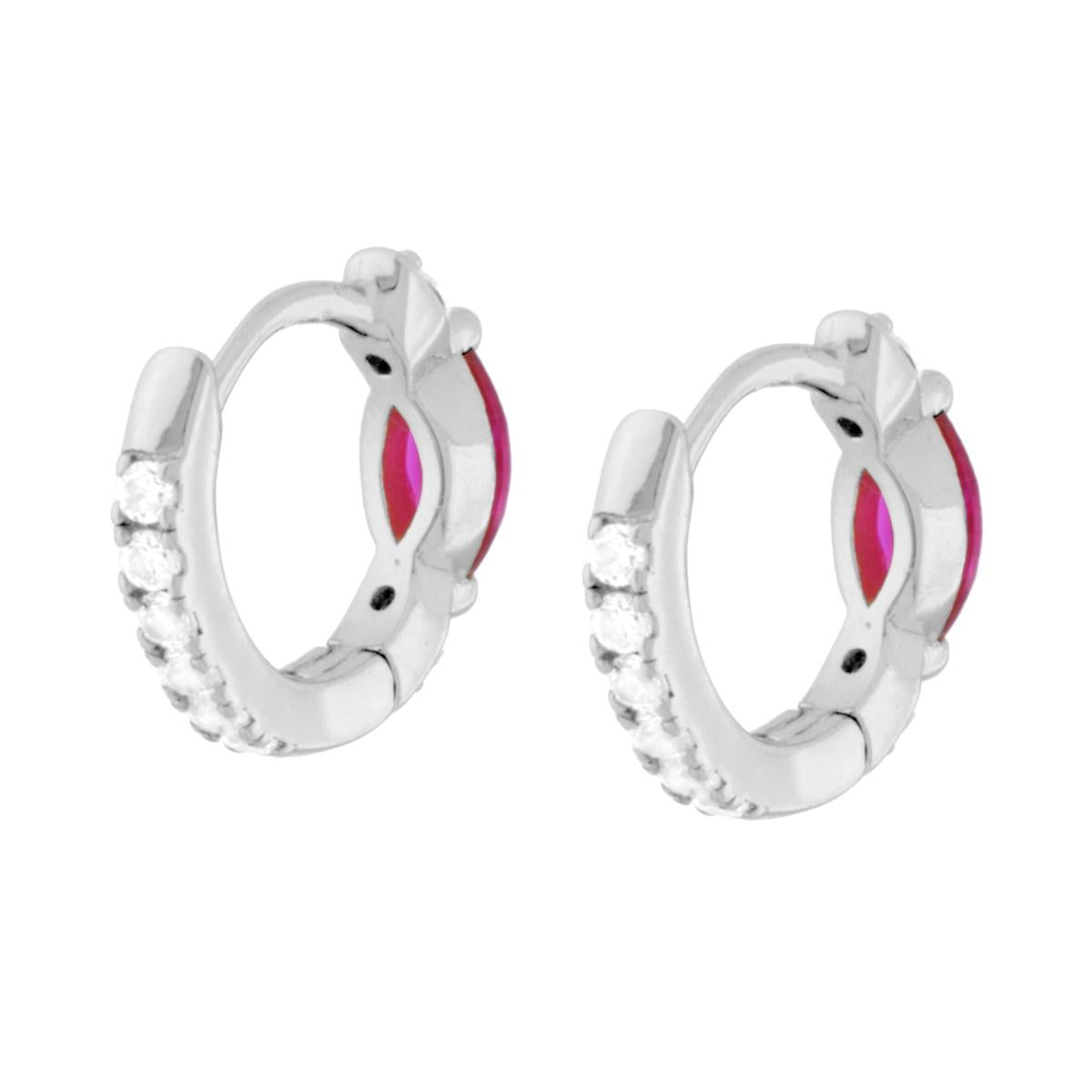 Orecchini cerchio 13mm rosso rubino  e zirconi bianchi  - argento 925