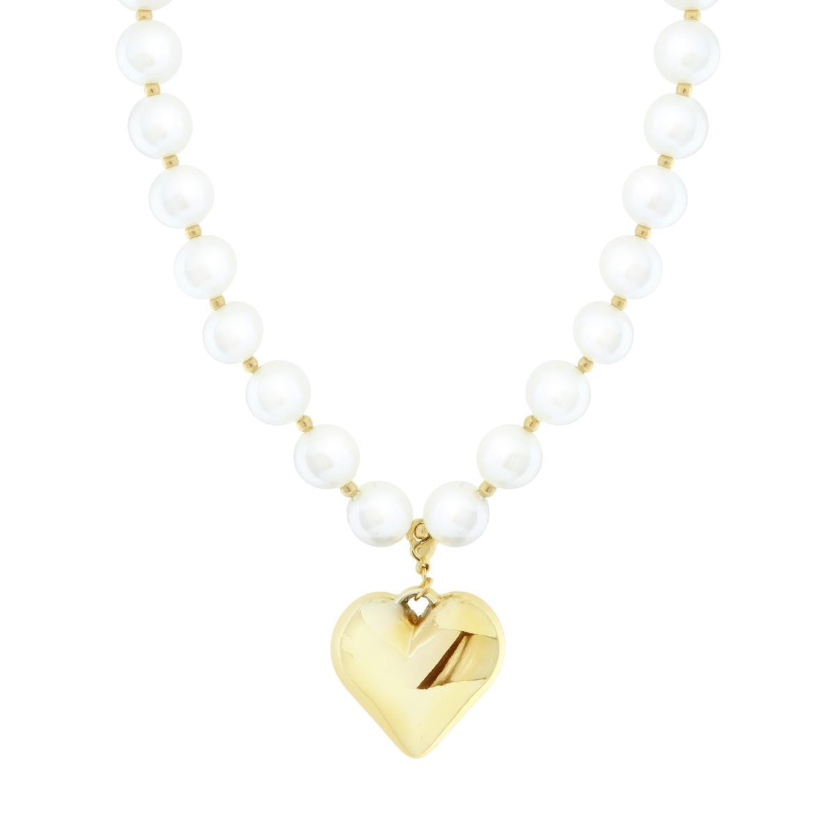 Collana di perle in vetro perlato con cuore bombato gold