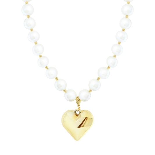 Collana di perle in vetro perlato con cuore bombato gold