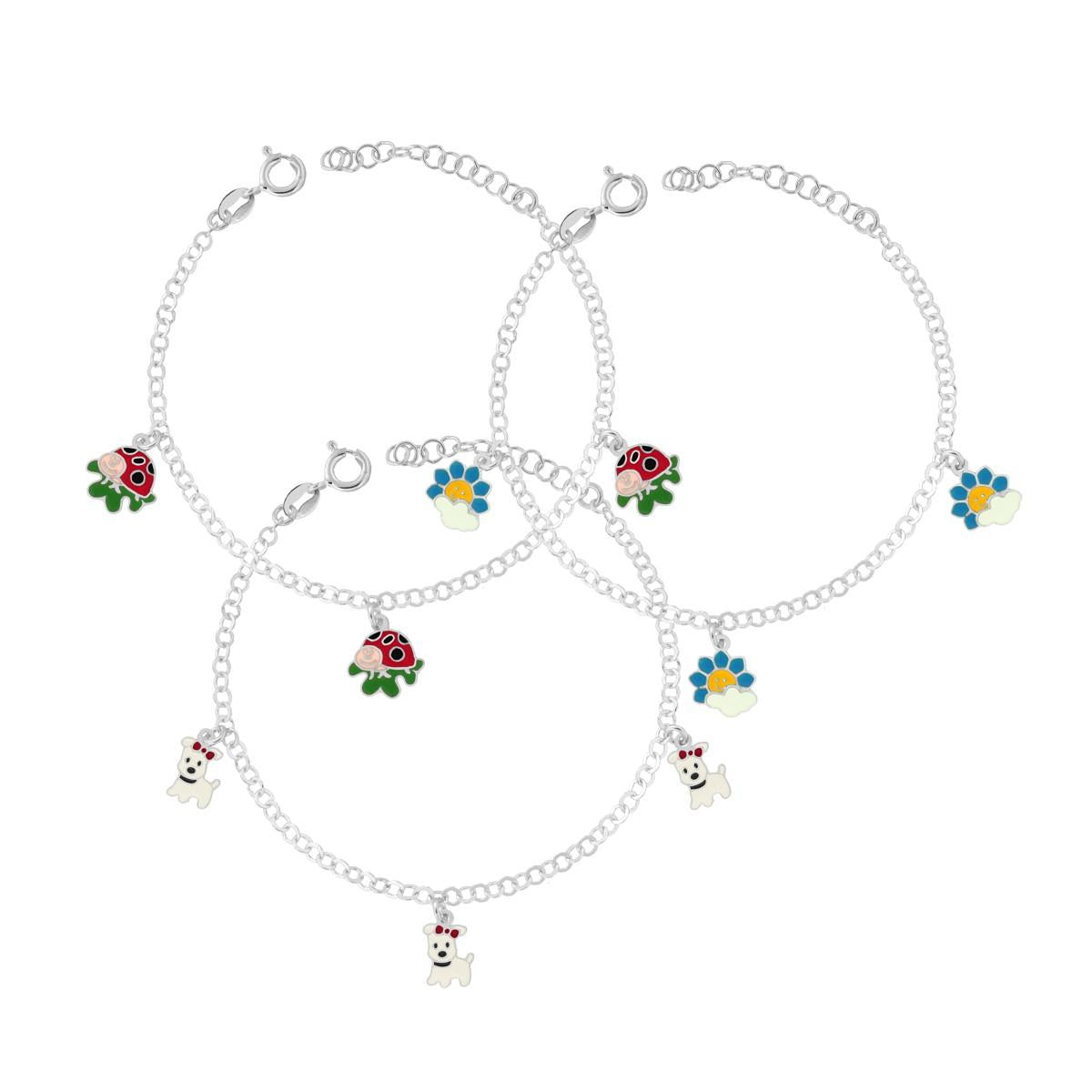 Set 3 bracciali per bambina con ciondoli smaltati - argento 925