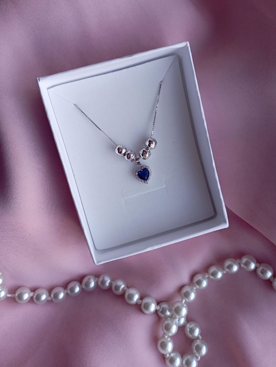 Collana 45cm cuore blu con perline - argento 925