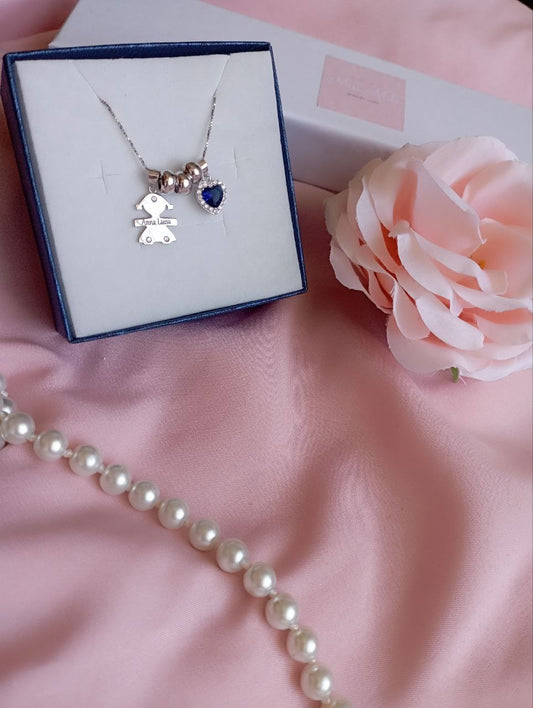 Collana torchon con bimba personalizzata e cuore blu - argento 925