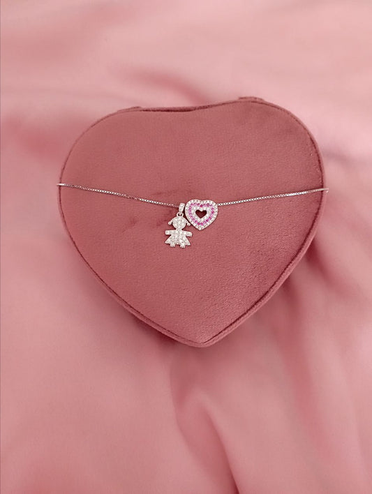 Collana bimba con cuore fucsia e bianco - argento 925