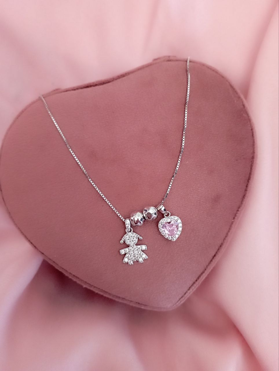 Collana bimba con cuore pendente rosa - argento 925