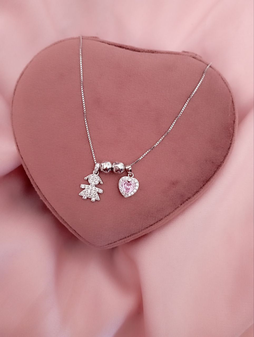 Collana bimba con cuore pendente rosa - argento 925