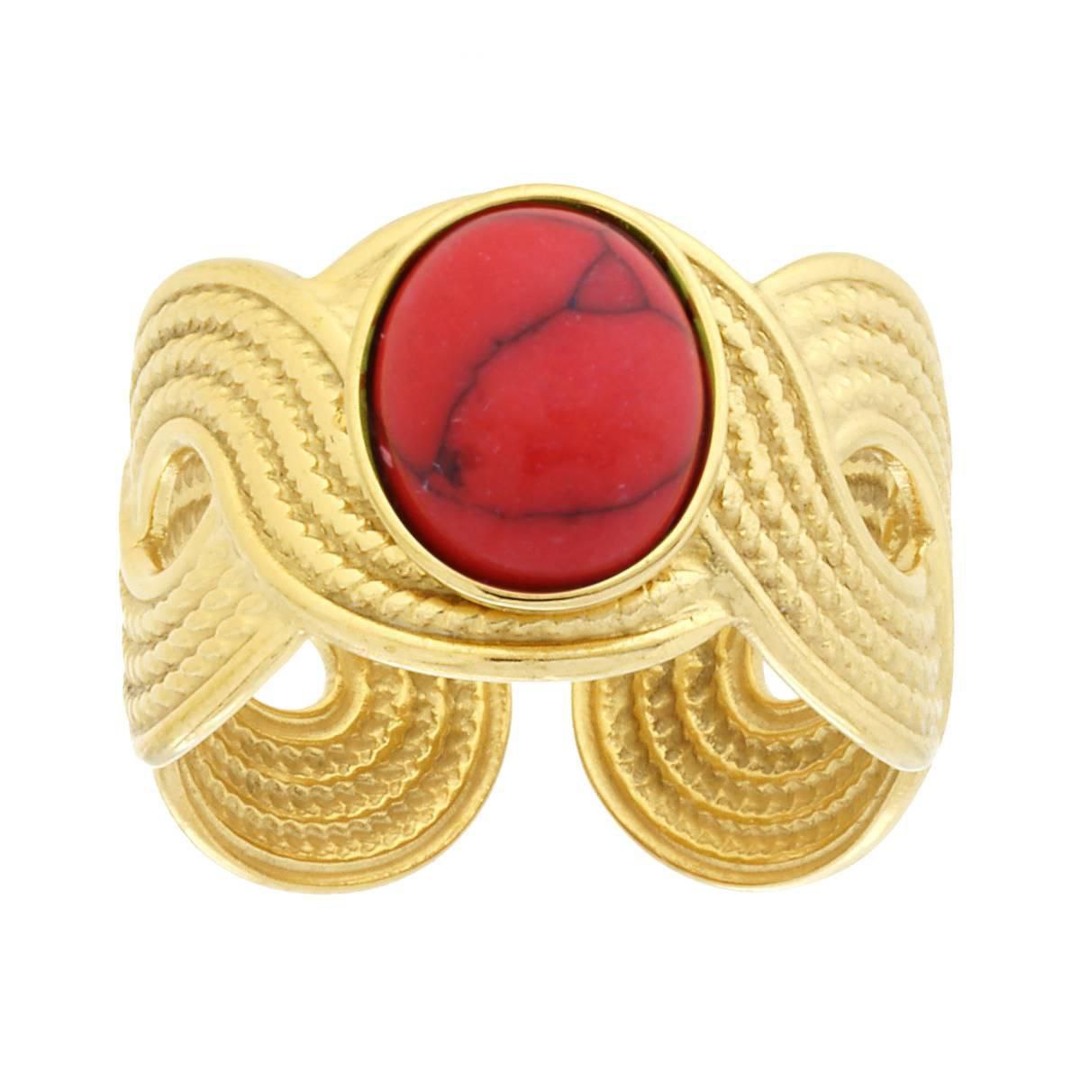 Anello fascia intrecciata  con pietra rossa