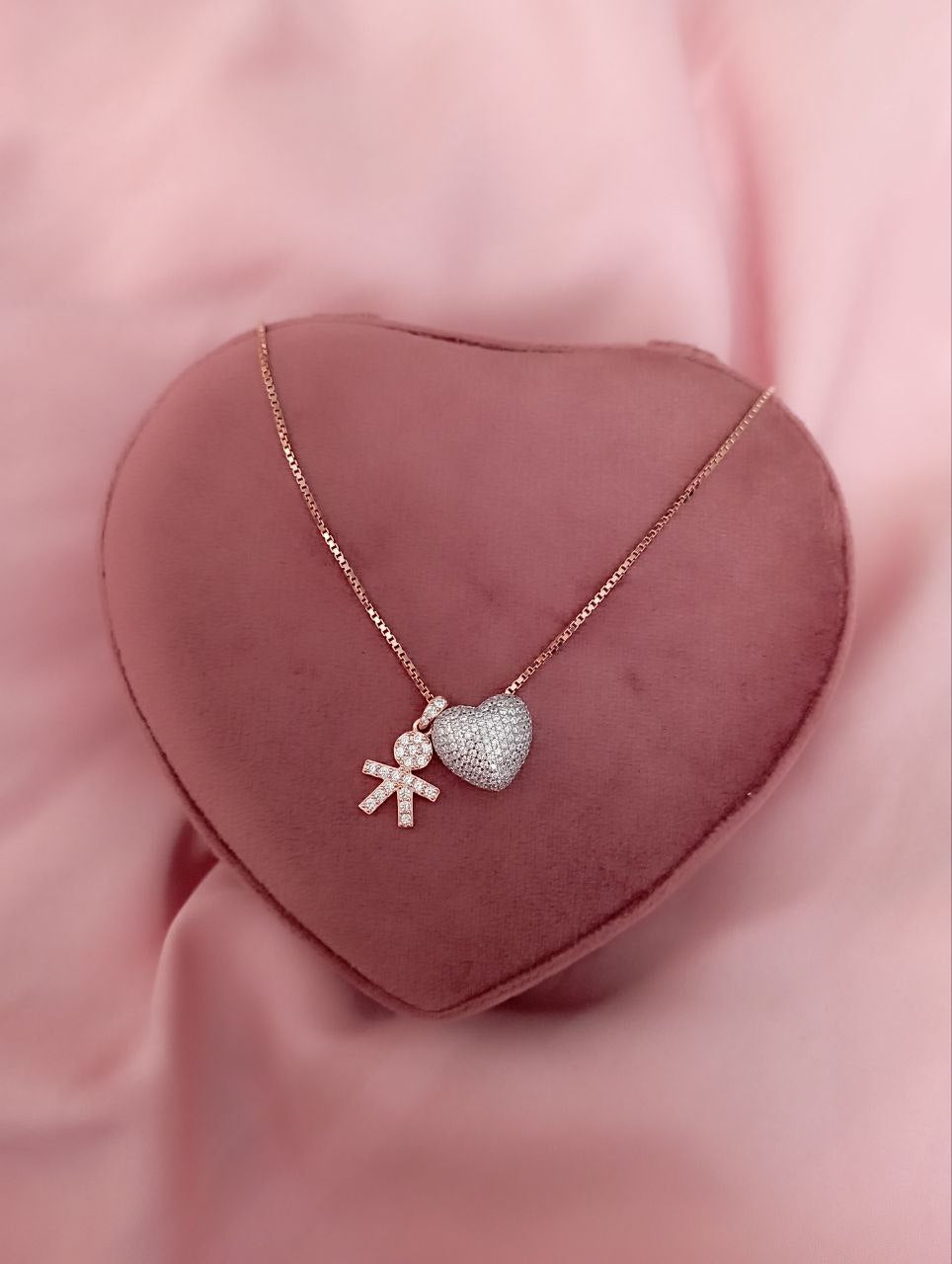 Collana bimbo e cuore bombato - argento 925nmix rosè e silver