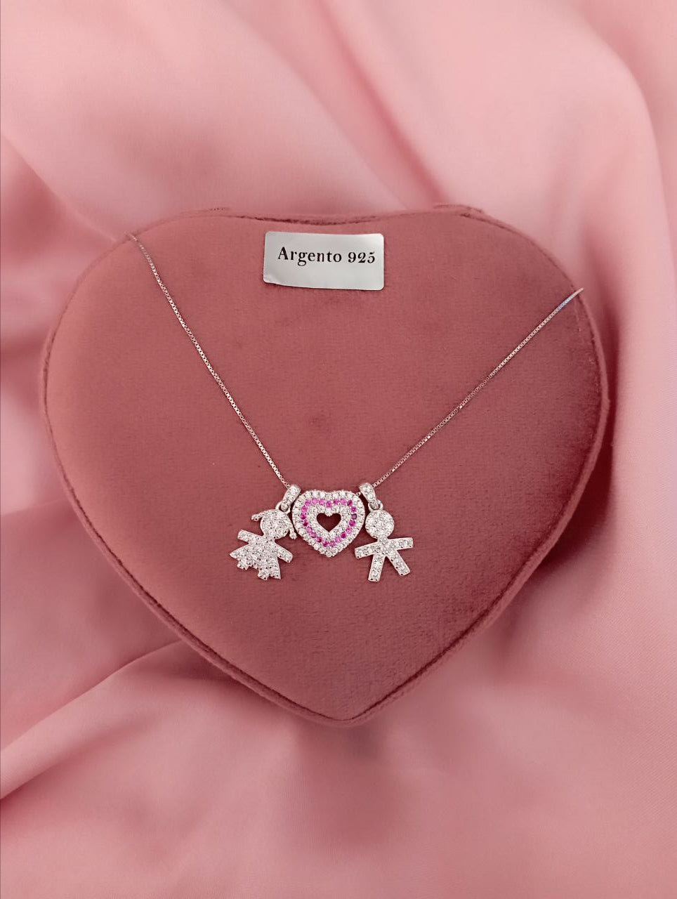 Collana bimba cuore bianco e fucsia e bimbo - argento 925