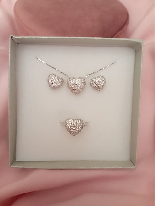 set cuore bombato con zirconi bianchi  - argento 925