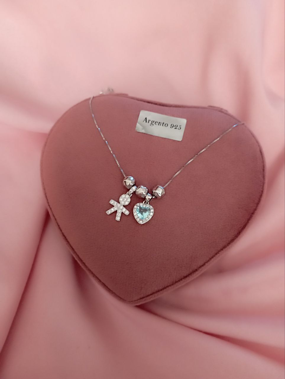 Collana bimbo perline e cuore acquamarina - argento 925