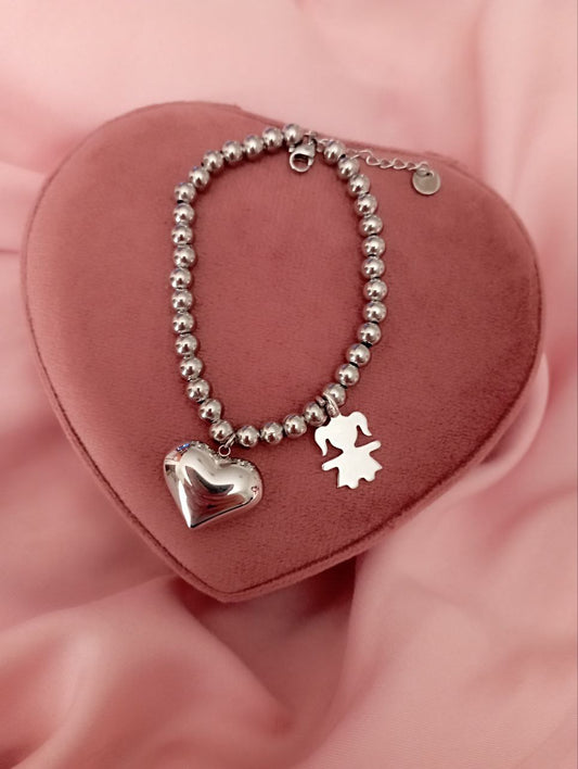 Bracciale con cuore bombato pendente e bimba