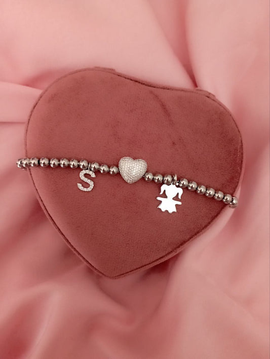 Bracciale perline con cuore e ciondoli pendenti da personalizzare- argento 925