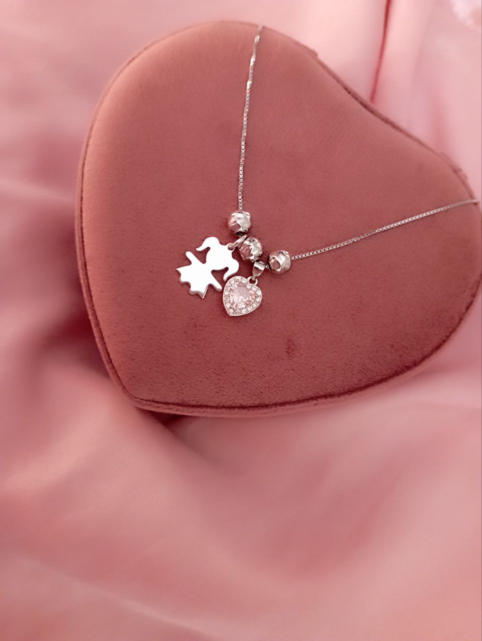 collana bimba perline e cuore rosa  - argento 925