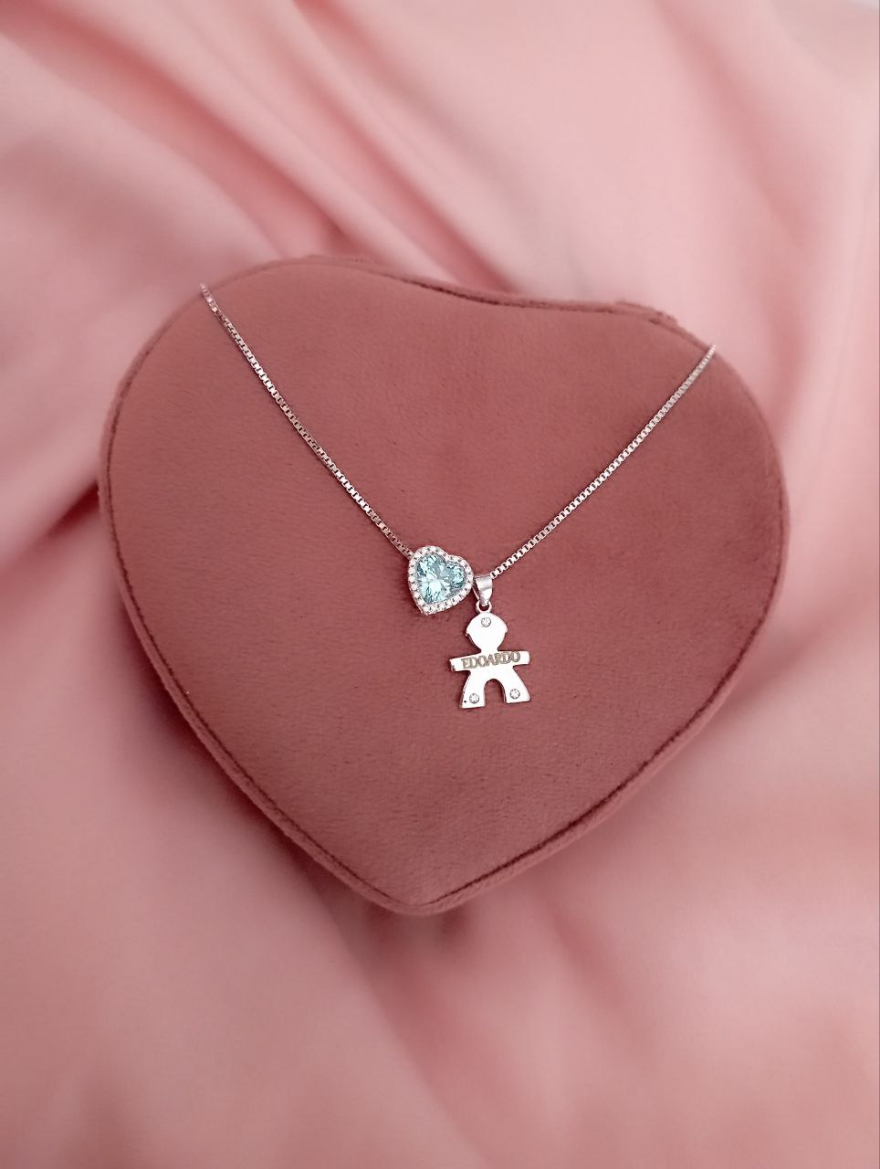 Collana cuore acquamarina passante e ciondolo bimbo personalizzato   - argento 925