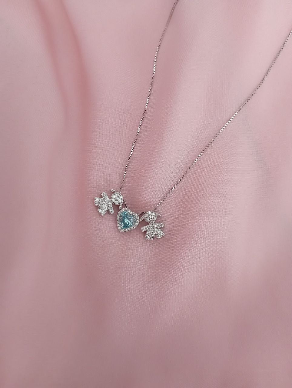 Collana bimba passante + cuore acquamarina passante+ bimba  passante    - argento 925