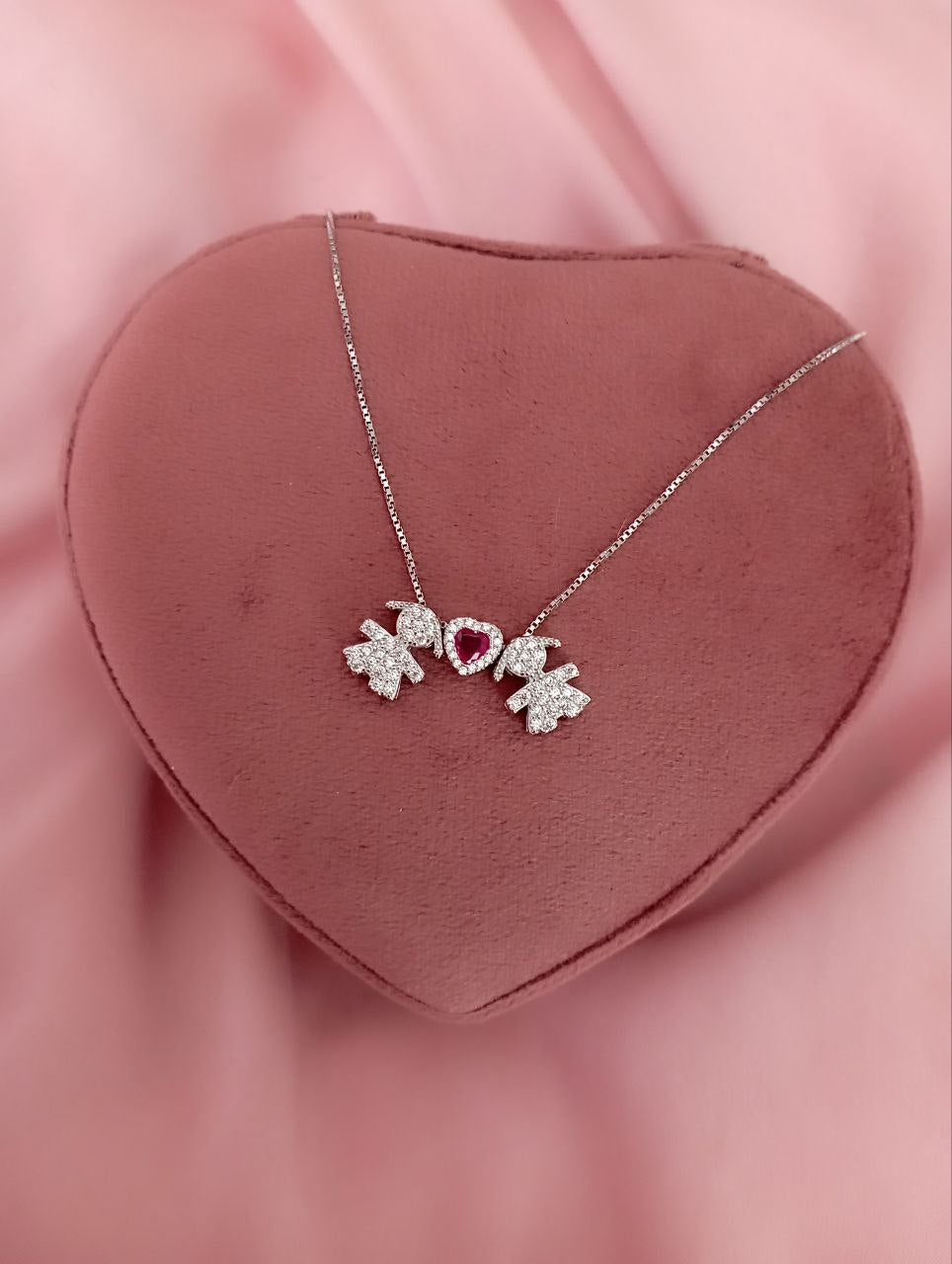 Collana bimba passante + cuore fucsia passante+ bimba  passante    - argento 925