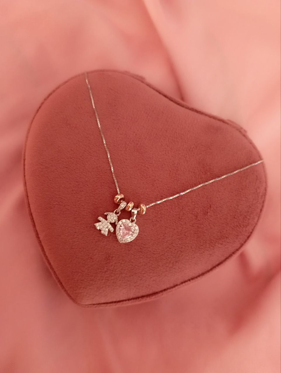 Collana con bimba pendente  e cuore pendente mix rosè e silver - argento 925