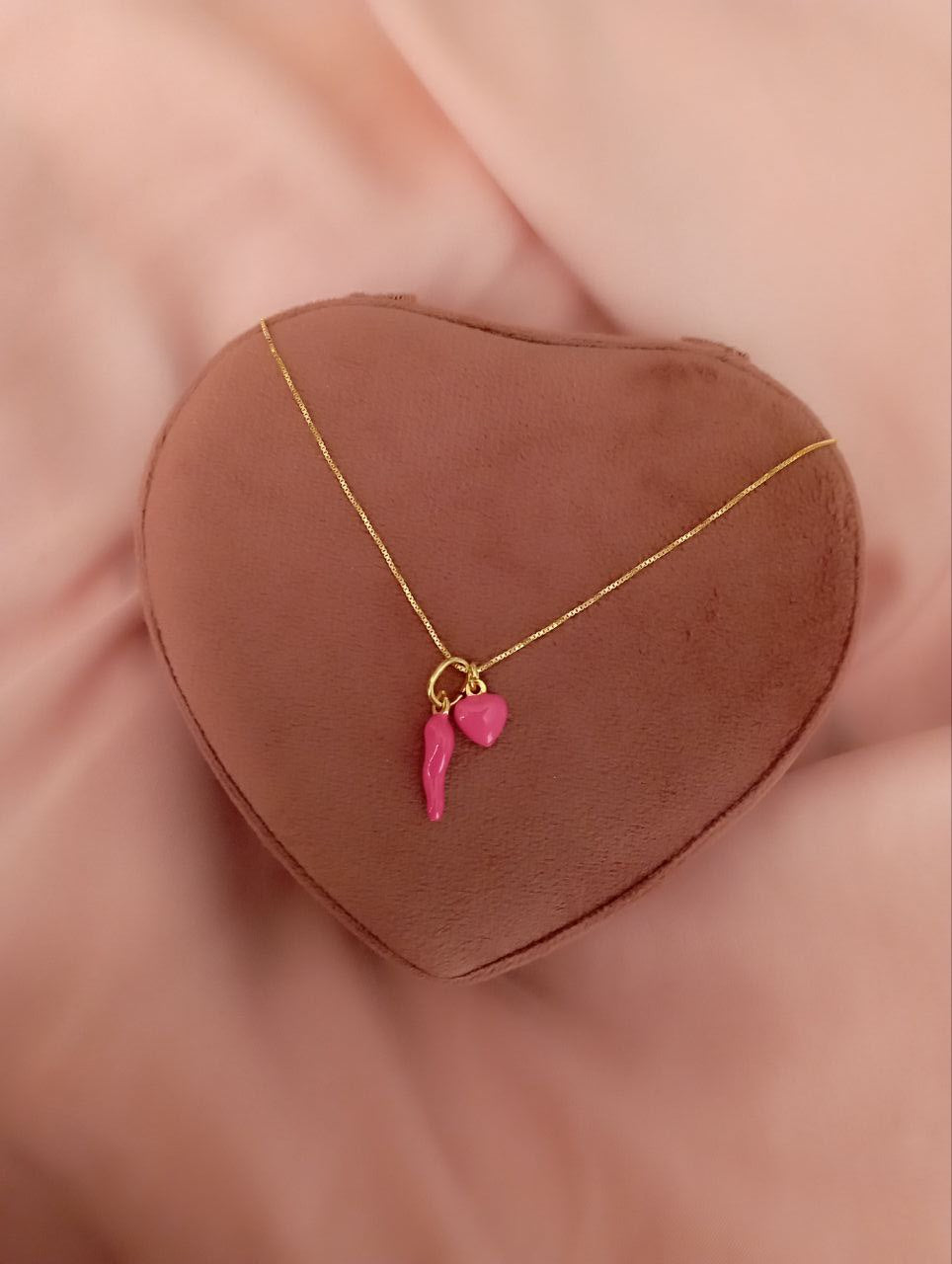 Collana con cuore e corno fucsia- argento 925 gold