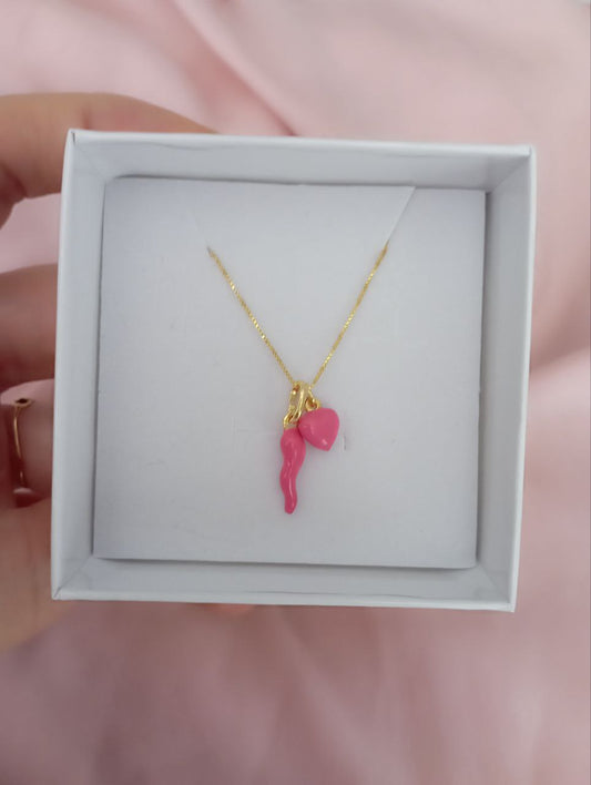 Collana con cuore e corno fucsia- argento 925 gold