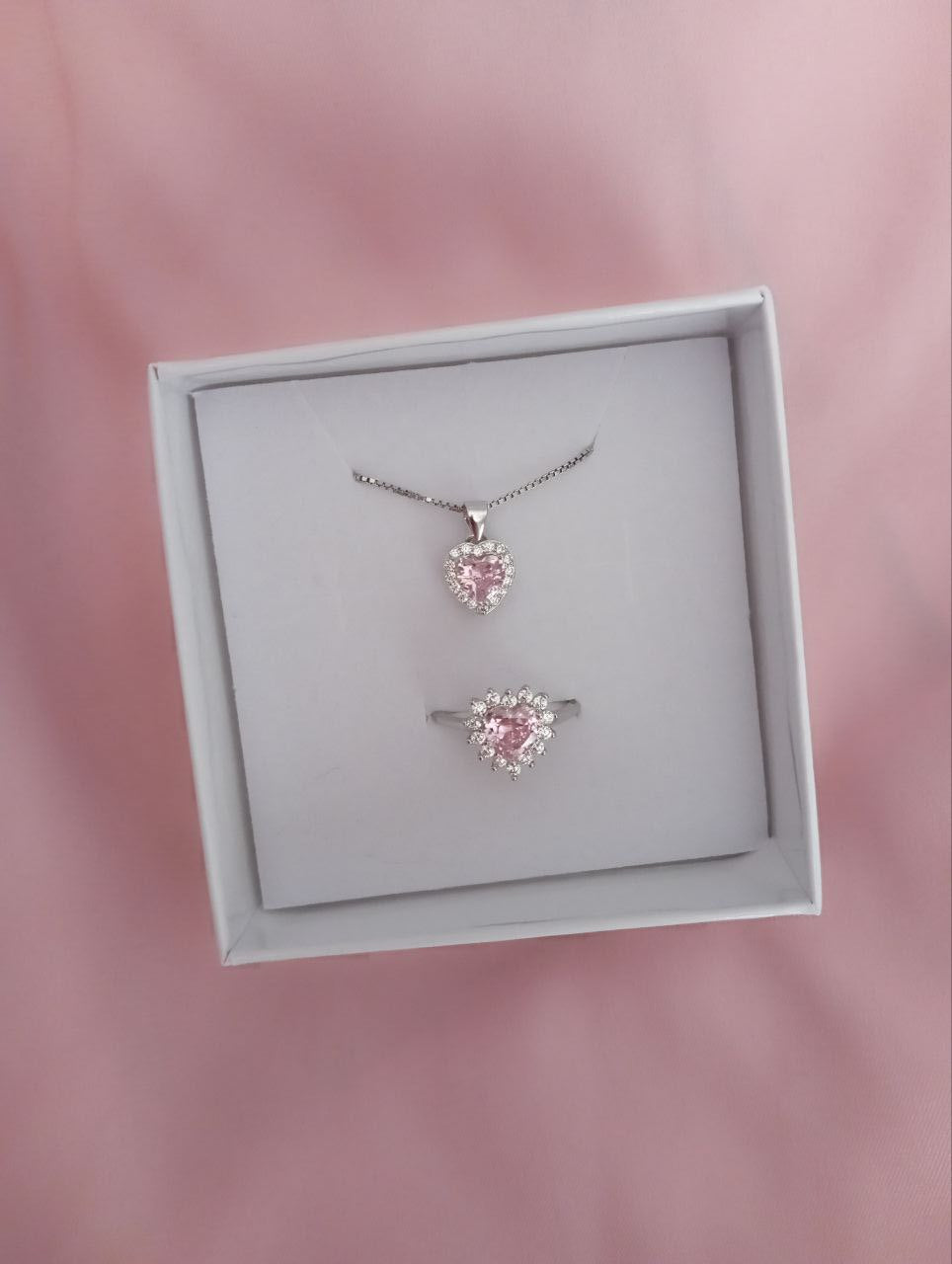 Set cuore rosa pendente e anello - argento 925