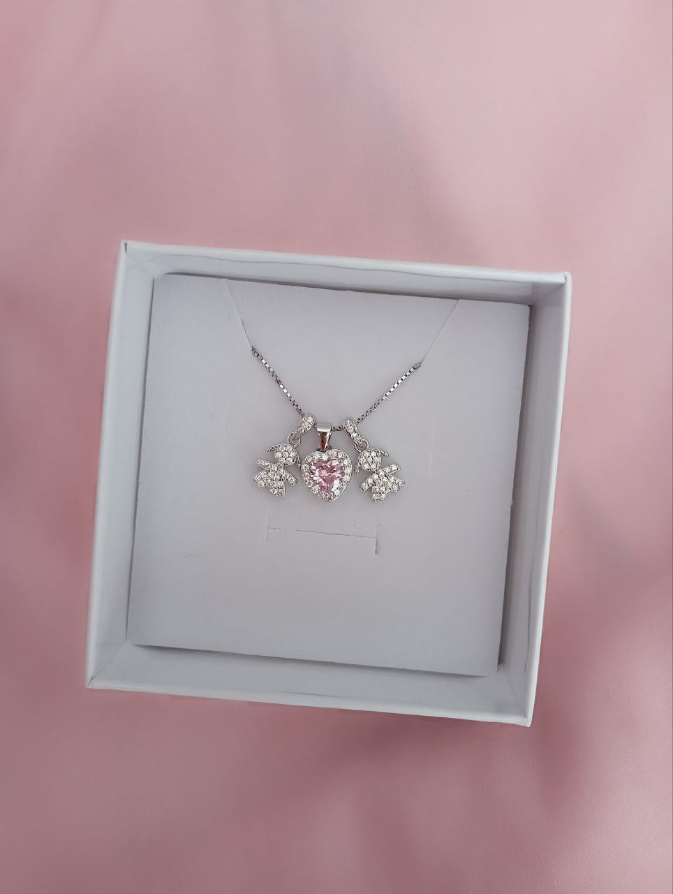 Collana con due bimbe e cuore rosa pendenti  - argento 925