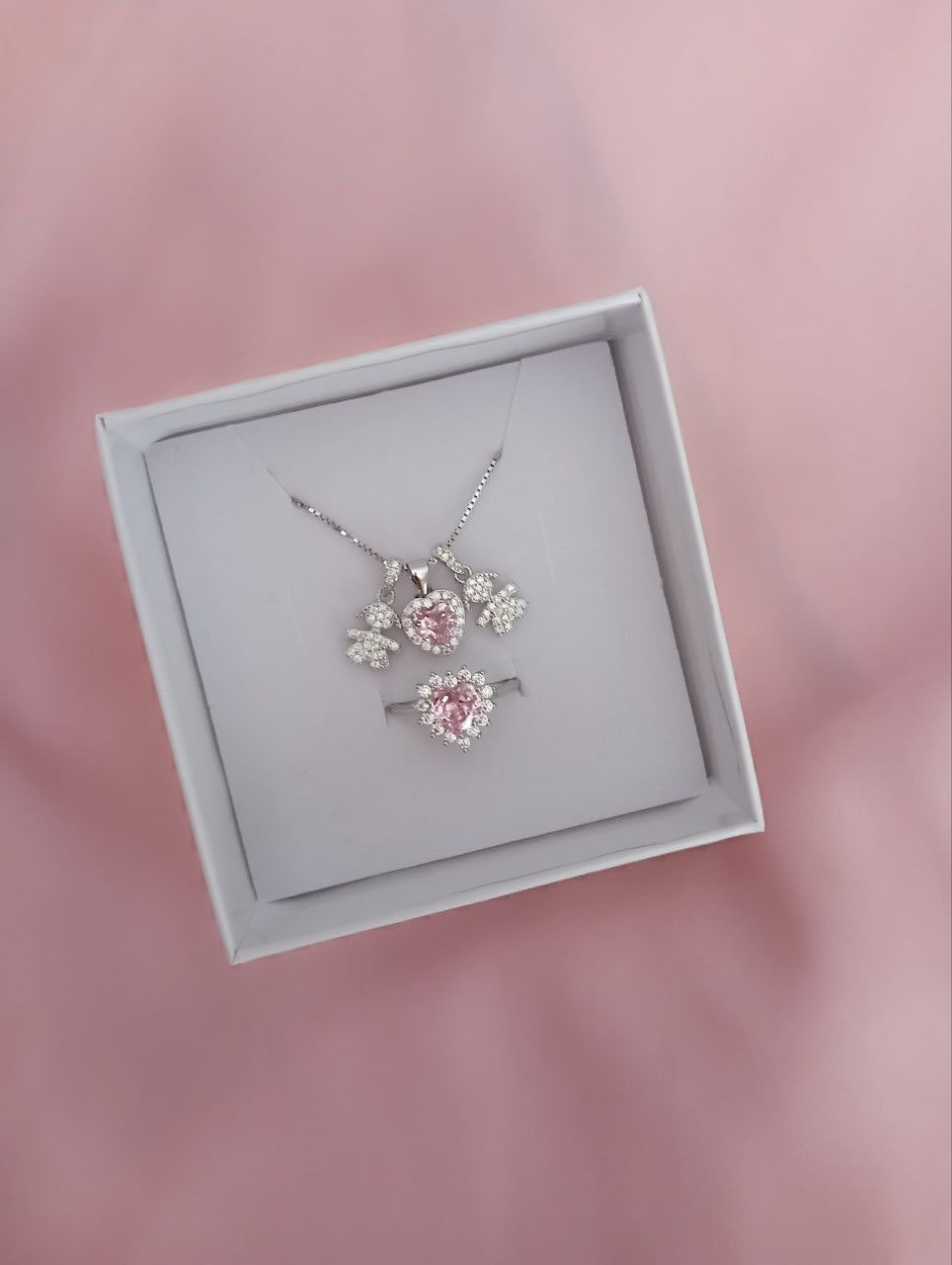 Set con due bimbe e cuore rosa pendenti e anello cuore rosa   - argento 925