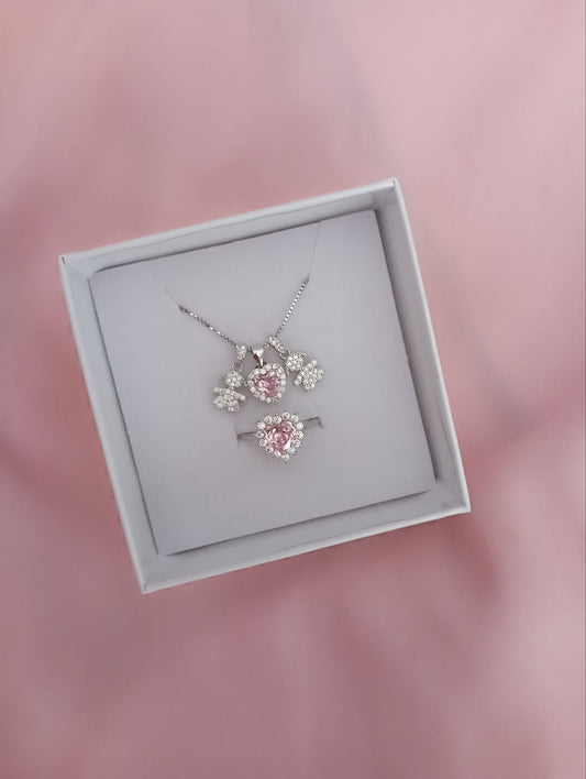 Set con due bimbe e cuore rosa pendenti e anello cuore rosa   - argento 925