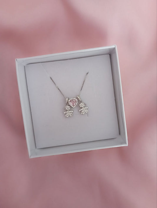 Collana con  bimba pendente+  cuore rosa passante+ bimba pendente   - argento 925