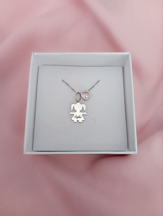 Collana bimba liscia con incisione + cuore rosa passante  - argento 925