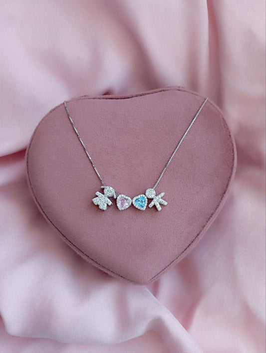 Collana   bimbo passante +cuori azzurro  e rosa piccolo passante + bimba passante - argento 925