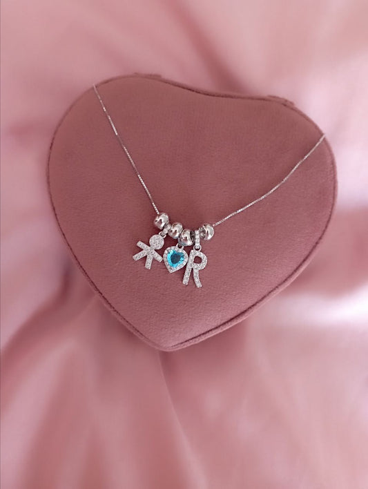 Collana con bimbo + cuore azzurro + iniziale personalizzata - argento 925