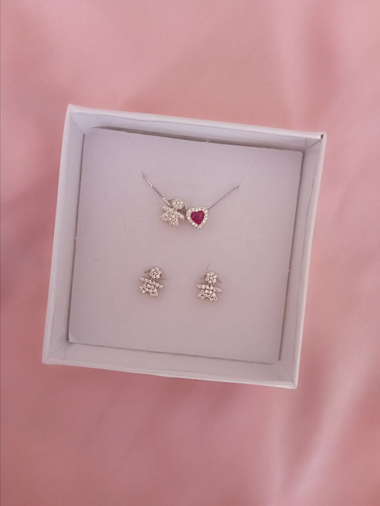 Set con collana bimba con cuore fucsia  e orecchini bimba    - argento 925