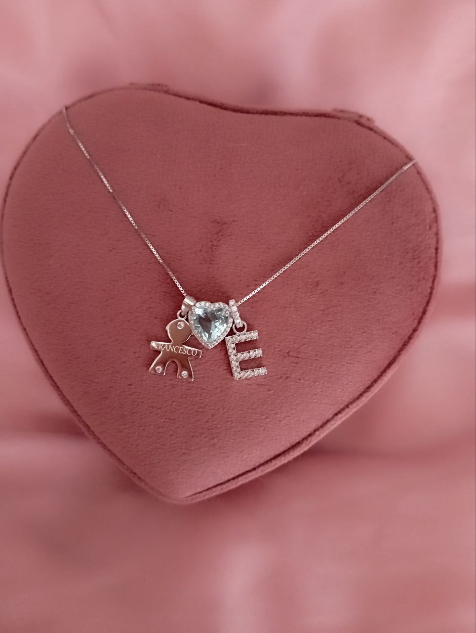 Collana con bimbo personalizzato- cuore acquamarina - lettera pendente-argento 925