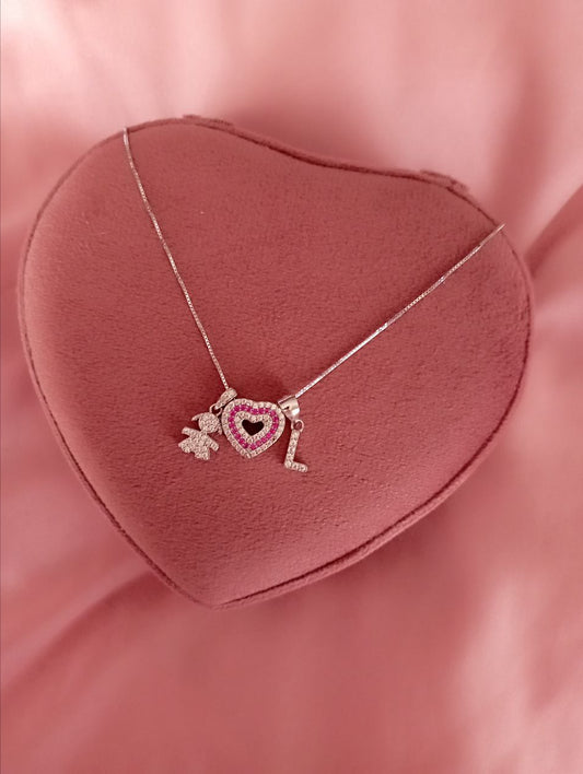 Collana bimba - cuore bianco e fucsia - iniziale pendente - argento 925