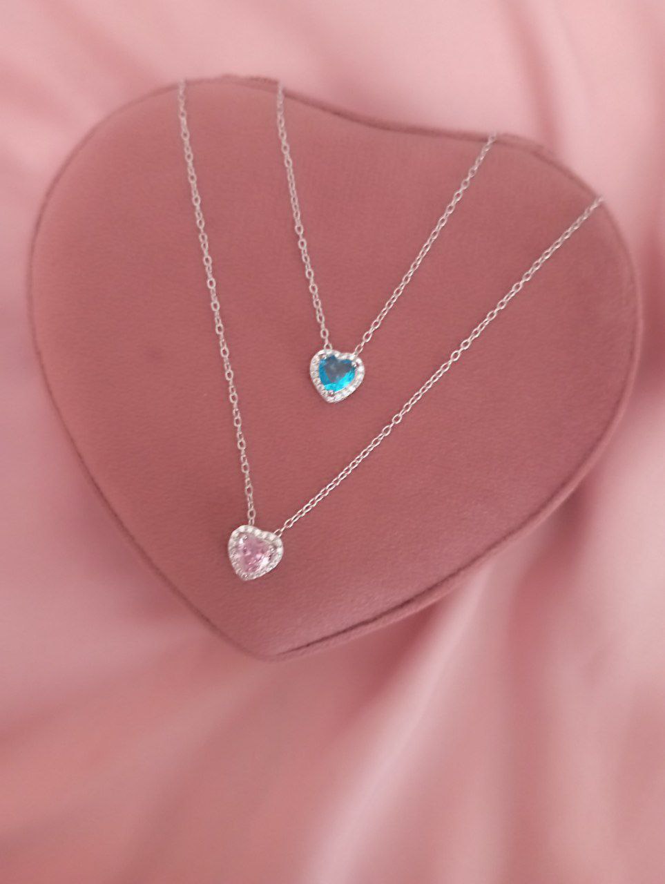 set 2 Collanae catena rollo' con cuore azzurro e cuore rosa  - argento 925