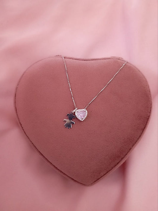 Collana con bimba liscia e cuore rosa passante  - argento 925