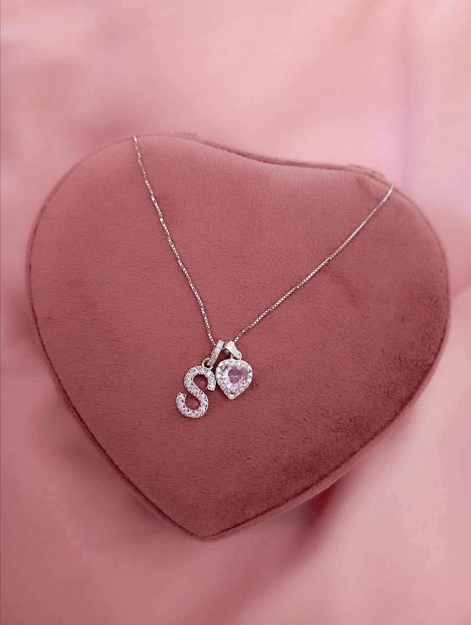 Collana con lettera e cuore pendente rosa  - argento 925