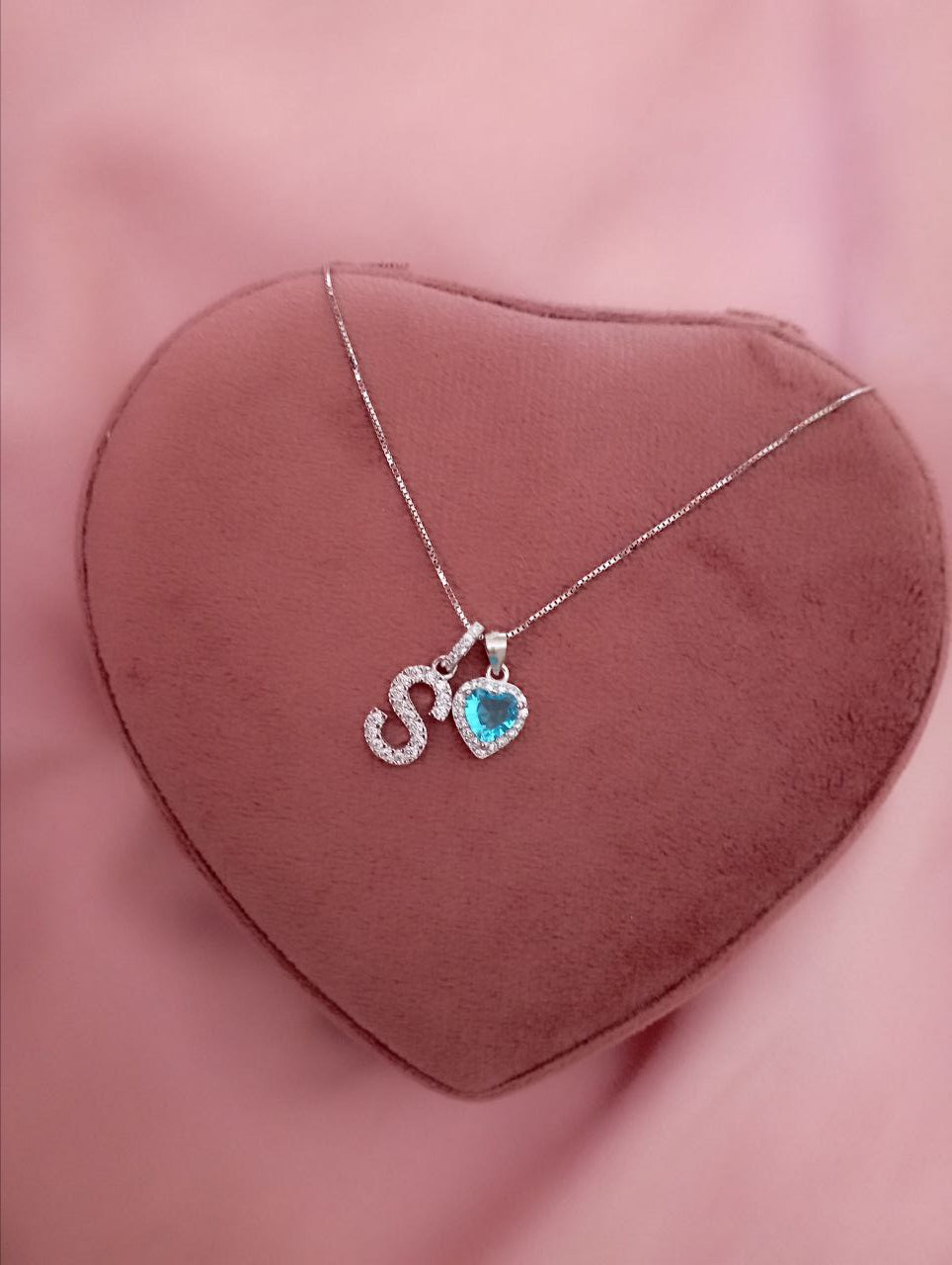 Collana con lettera e cuore pendente azzurro  - argento 925