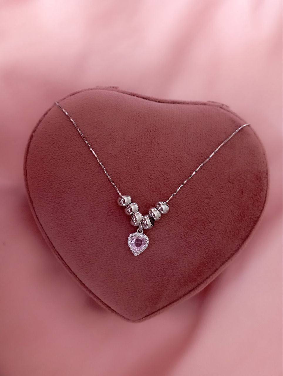 Collana con cuore rosa e ciambelline     - argento 925