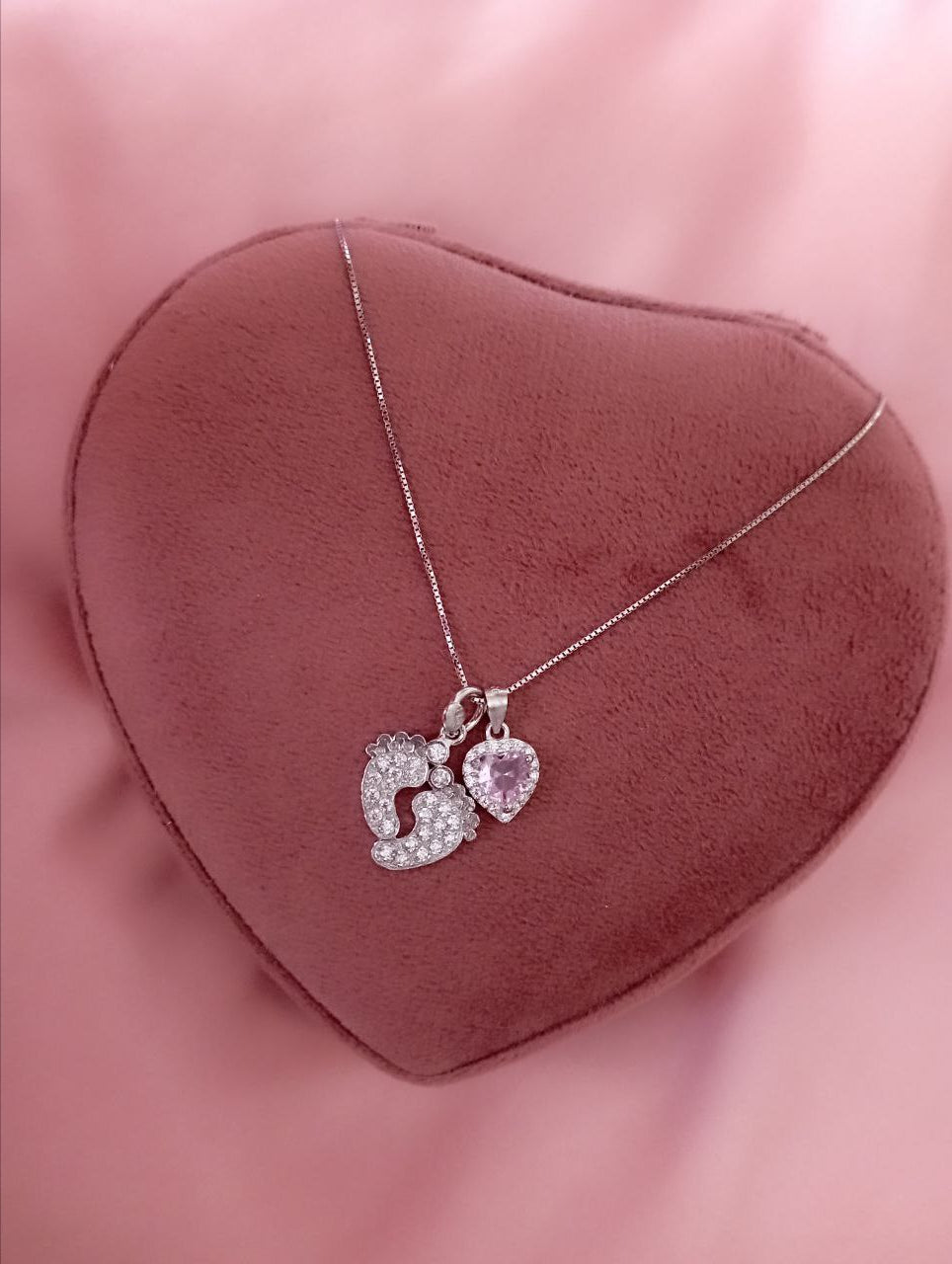 Collana con piedini e cuore rosa      - argento 925