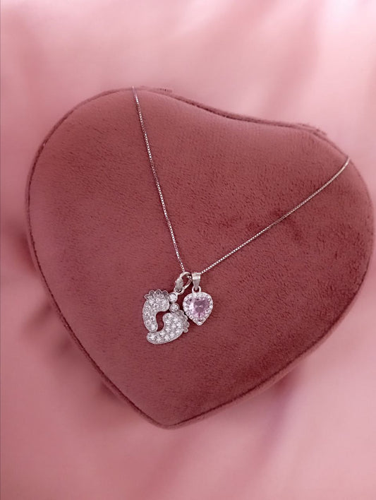 Collana con piedini e cuore rosa      - argento 925