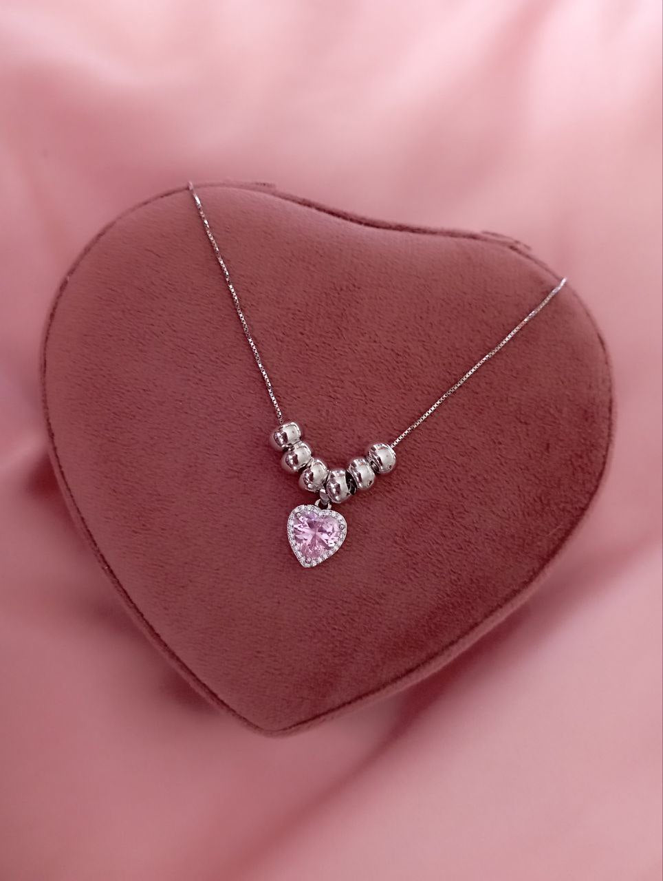 Collana con cuore rosa maxi pendente e ciambelline    - argento 925