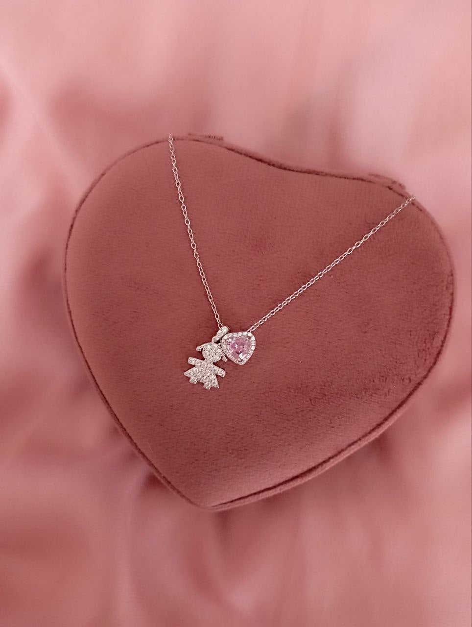 Collana rollo' con bimba pendente e cuore rosa passante   - argento 925