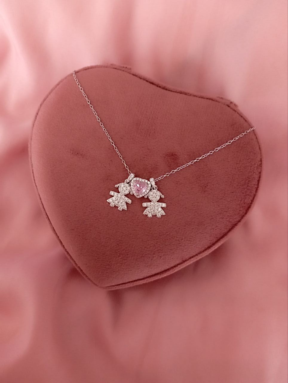 Collana rollo' con bimba pendente e cuore rosa passante e bimba pendente   - argento 925