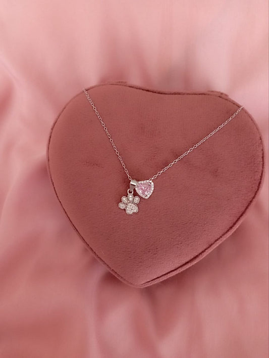 Collana rollo' con zampa e cuore rosa passante   - argento 925