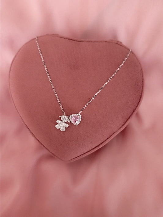 Collana rollo' con bimba passante e cuore rosa passante     - argento 925