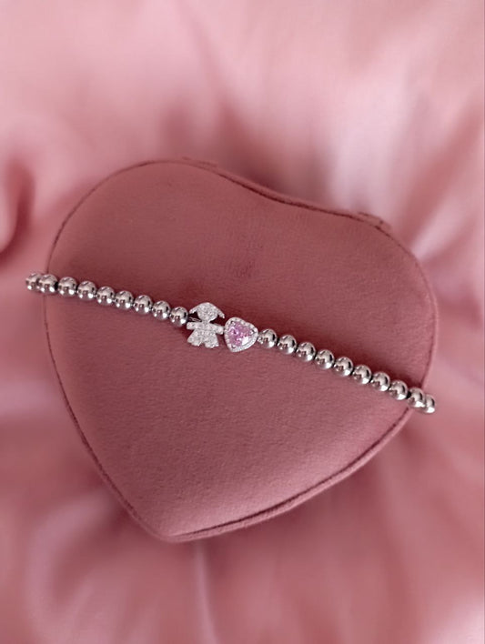 Bracciale perline cuore rosa e bimba passante    - argento 925