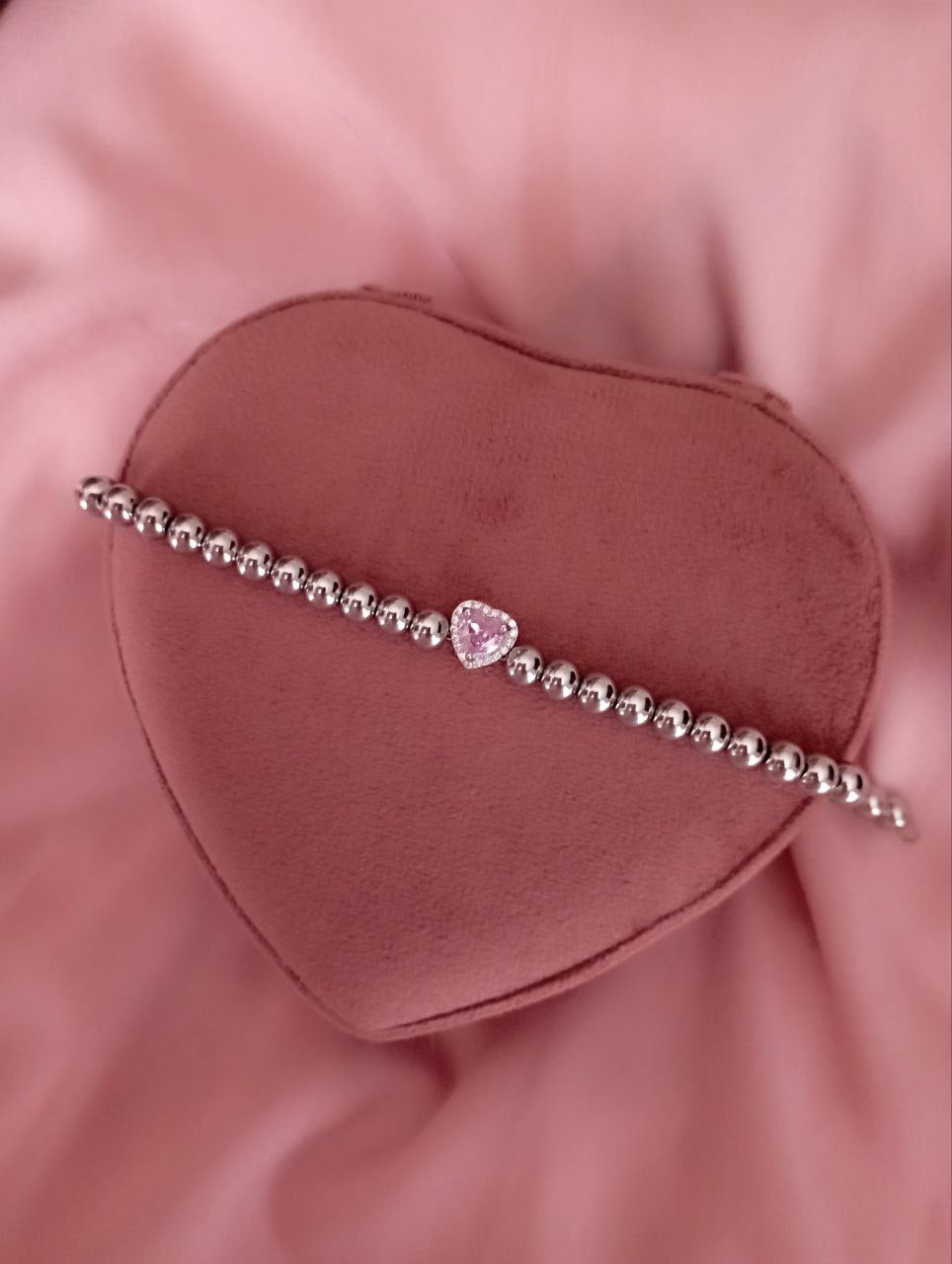 Bracciale perline e  cuore rosa passante     - argento 925